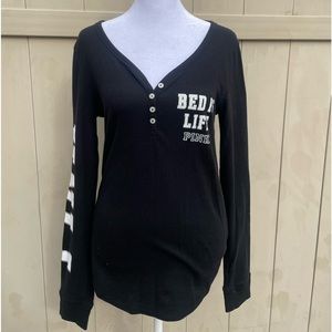 VS Pink “Bed is Life” Black Long Sleeves PJ Top